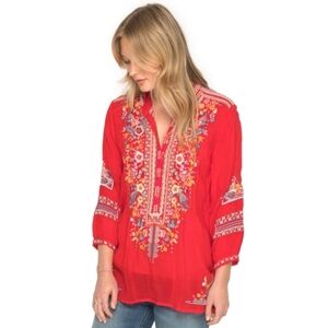 Johnny Was Bethanie Embroidered Floral Tunic Blouse Strawberry Red Size Large